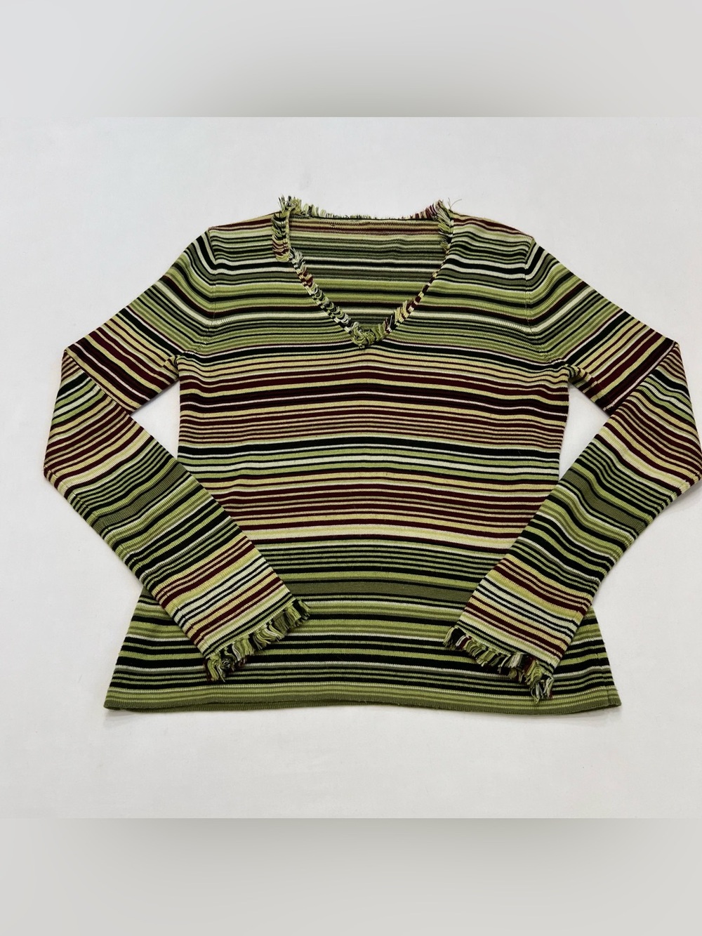 Vintage Green Striped Fringe Long Sleeve Thin Knit Sweater Sz M 90s Fairy Grunge